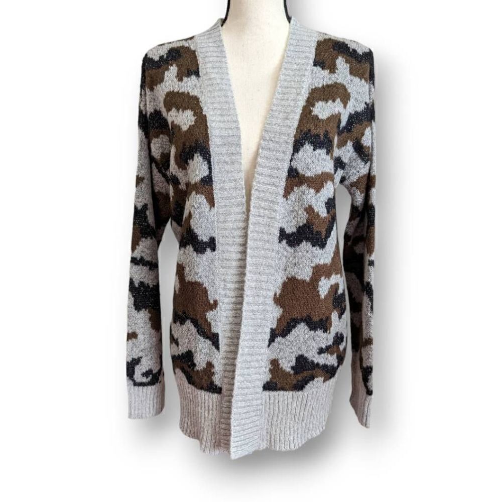 Mystree Womens Cardigan Sweater Knitted Camouflage Gray Small